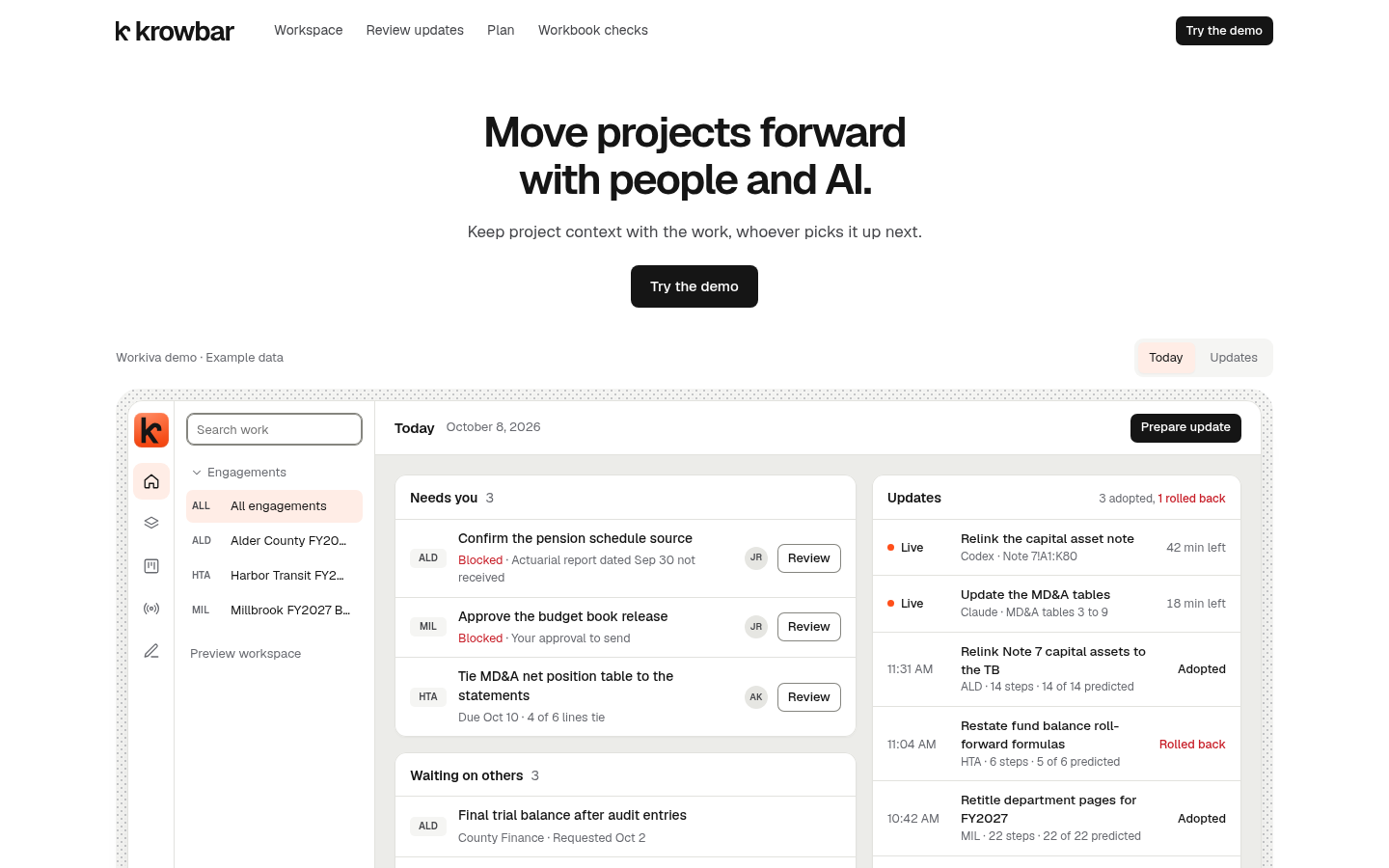 Krowbar demo workspace with fictional reporting engagements and work awaiting review.