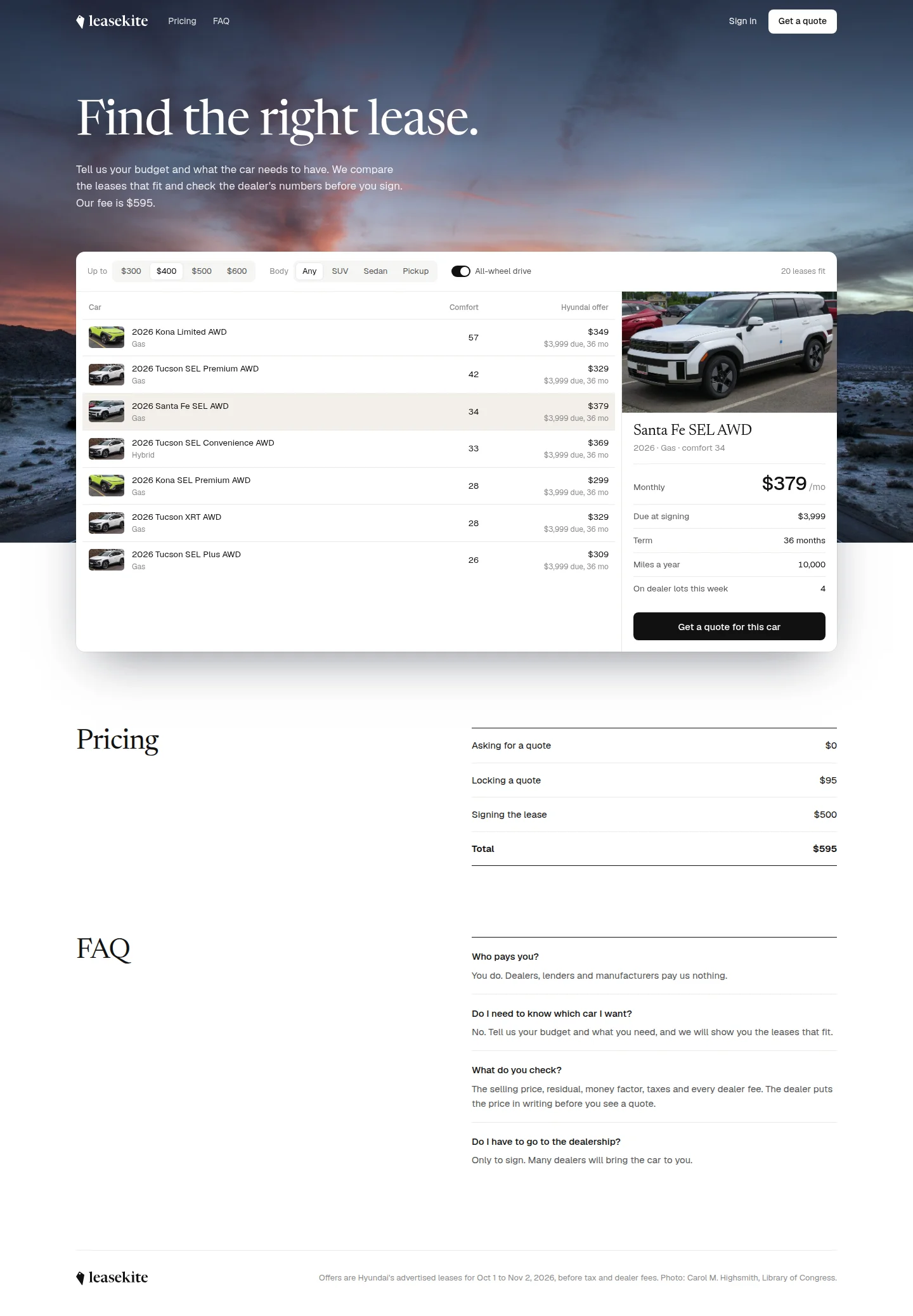 Leasekite vehicle comparison interface with lease search options.
